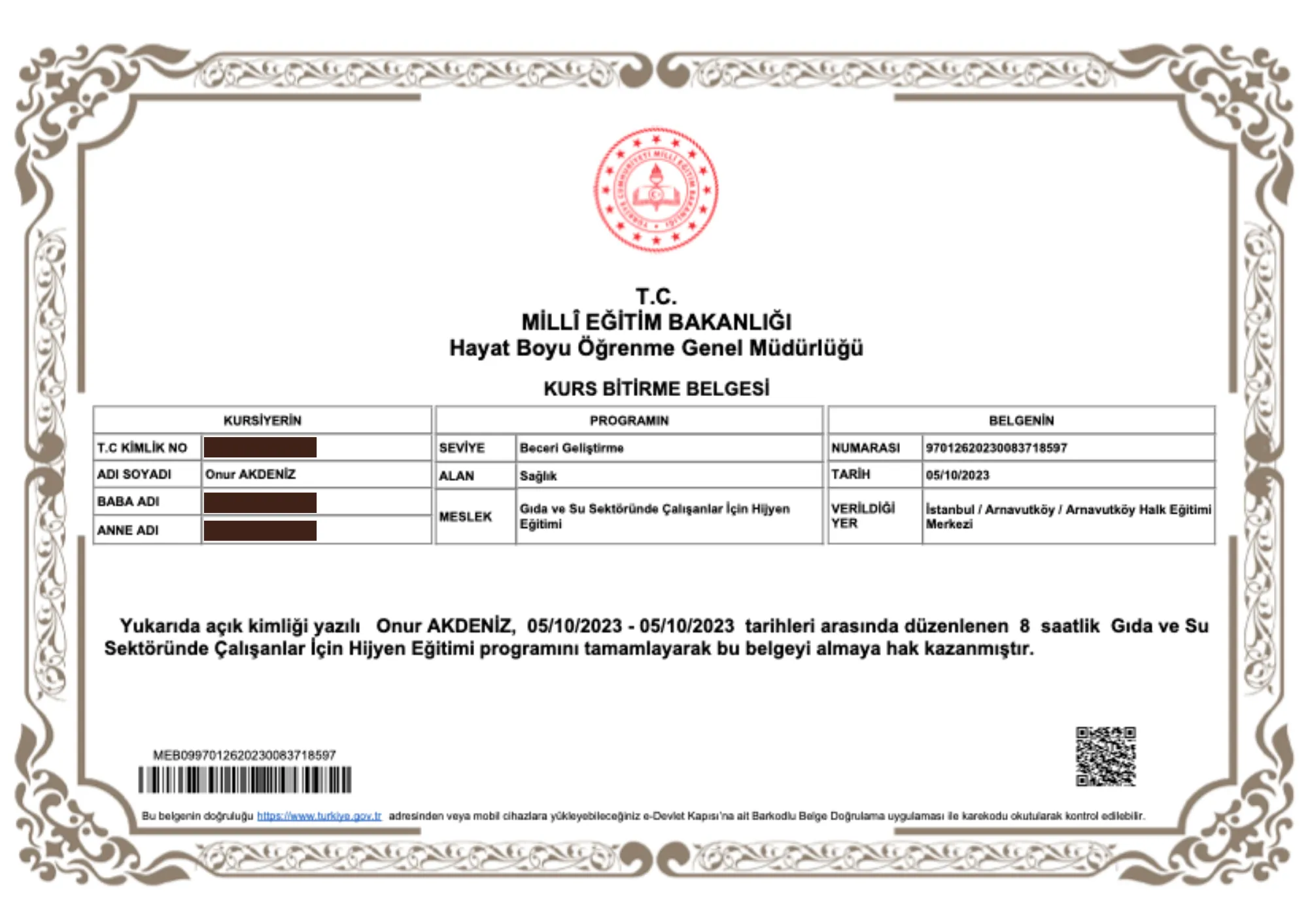 Об Онуре Акденизе 11 Сертификат курса Permanent Makeup Practitioner от Министерства национального образования Турецкой Республики для Онура Акдениза