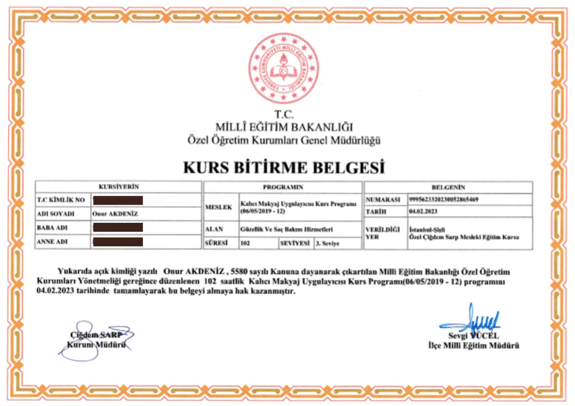 Об Онуре Акденизе 8 Сертификат программы обучения Hygiene от Министерства национального образования Турецкой Республики для Онура Акдениз