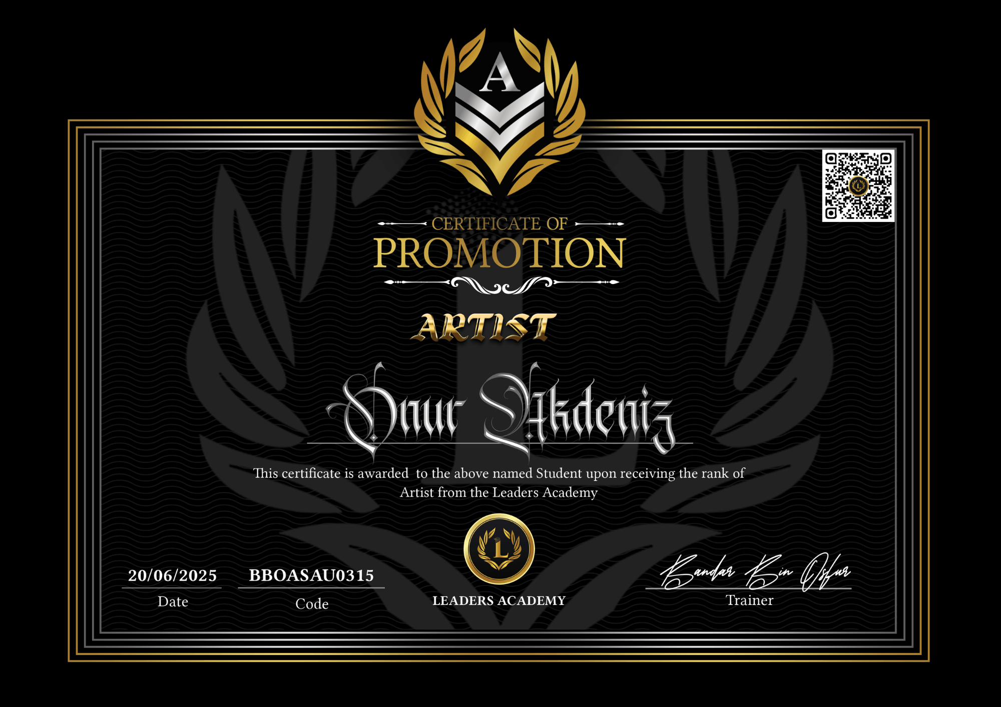 Certificate of Promotion Artist by Leaders Academy for Onur Akdeniz
