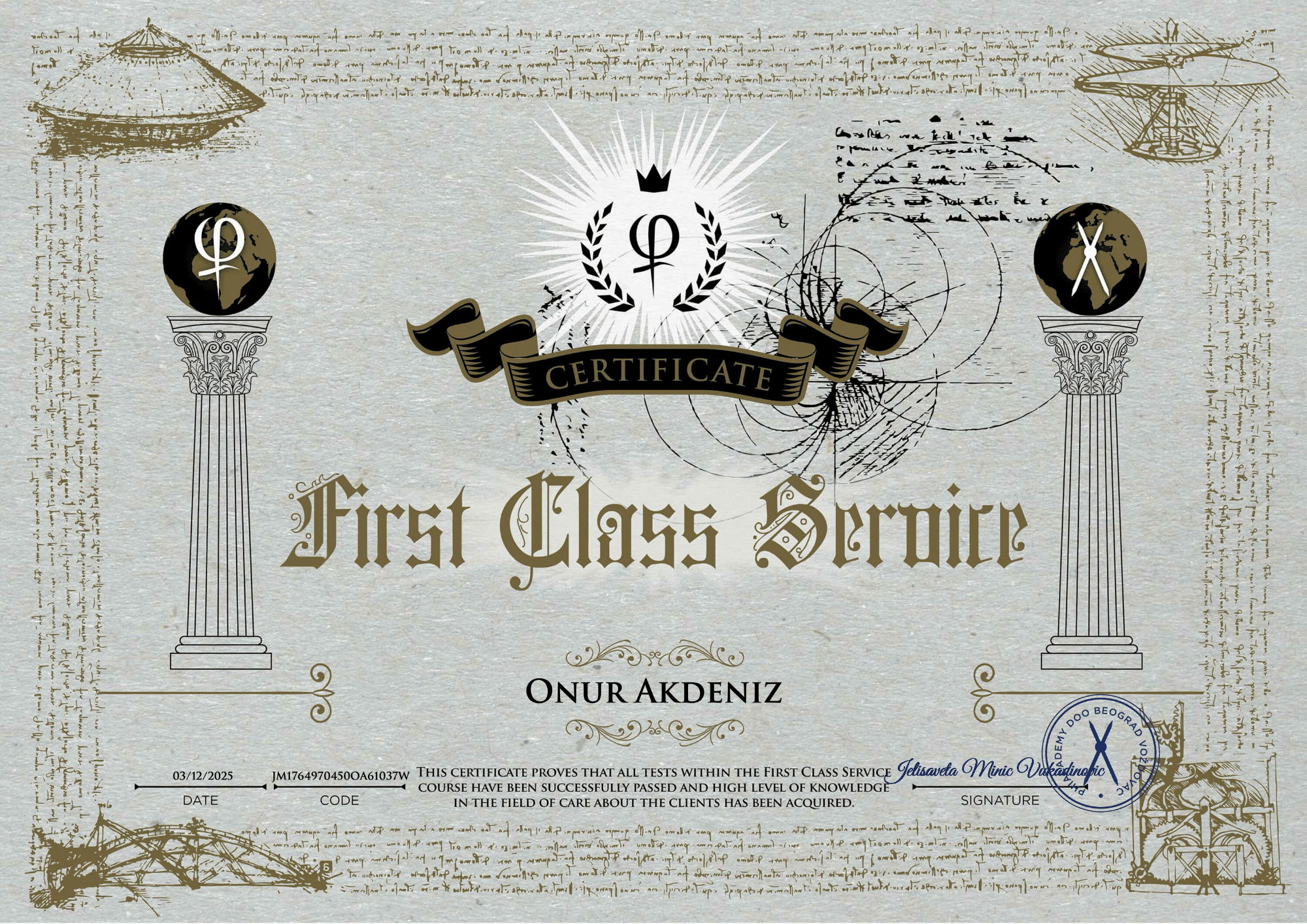 Certyfikat Pierwszej Klasy Uslug PhiScalp od PhiAcademy dla Onur Akdeniz