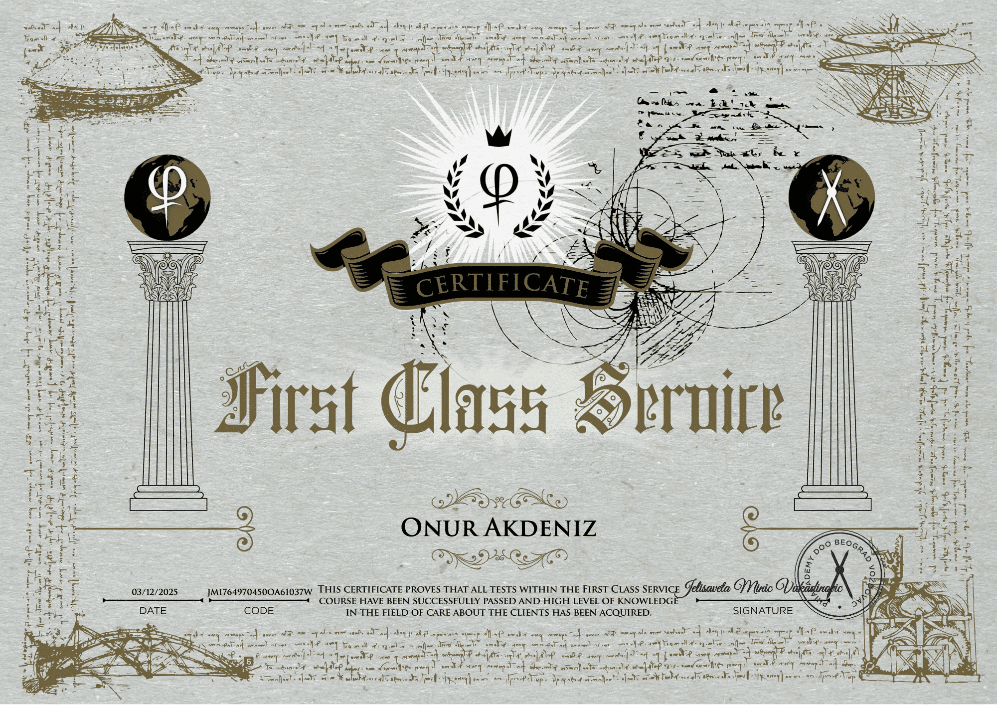 PhiScalp First Class Service Certificate by PhiAcademy for Onur Akdeniz
