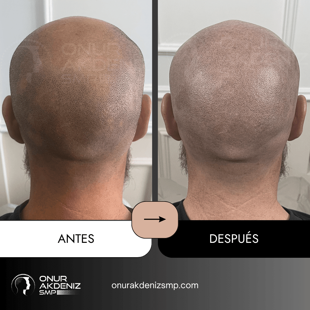 Antes y despues de la micropigmentacion capilar para la alopecia areata en Estambul con Onur Akdeniz SMP en Turquia 01
